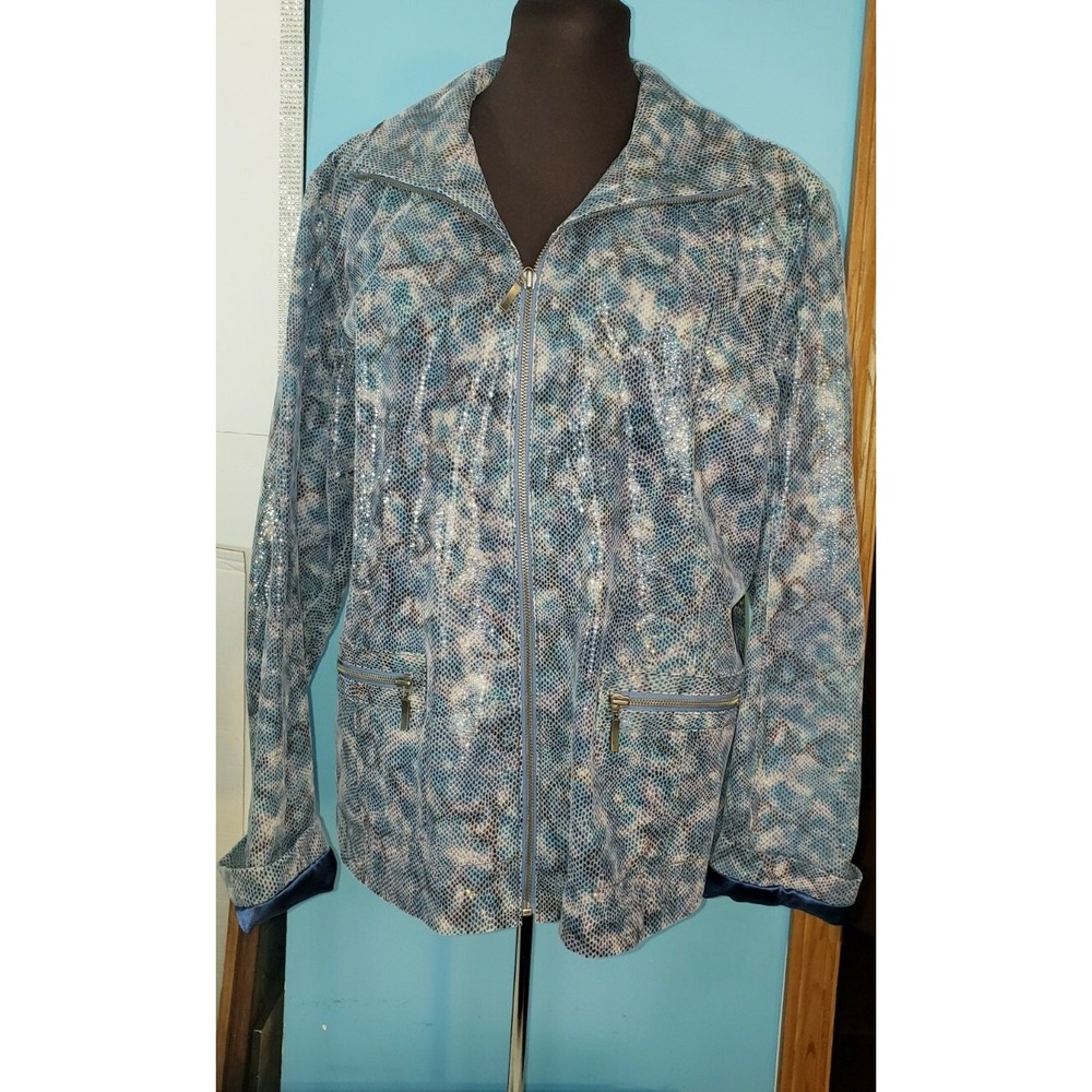 Chico's Leather Snakeskin Animal Print Jacket Blue Casual Chic Sz XL Zip Front